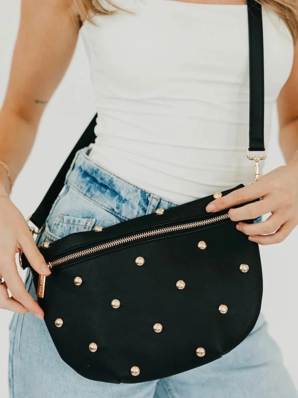 Pretty Simple Chic Gold Studded Westlyn Bum Bag Vegan Leather High Quality Black